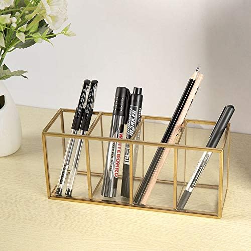 NIUBEE Gold Acrylic Pen Holder 4 Compartments, Desk Office Pencil Cup Desk