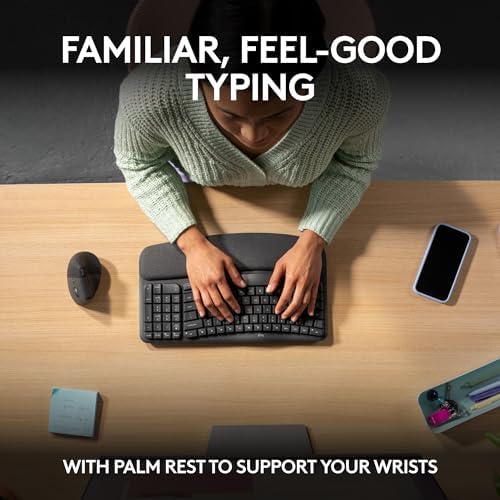 Logitech Wave Keys & Lift Vertical Mouse - Ergonomic Bundle — Wireless Keyboard with Cushioned Palm Rest & Vertical Wireless Mouse - Easy-Switch, Bluetooth, for Multi-OS, Windows/Mac - Graphite