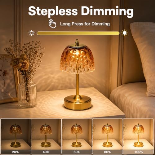 Mini Rechargeable Cordless Touch Table Lamp, Battery Powered, Amber Bubble Glass Shade, 2600mAh, 3 Color Temperatures, Stepless Dimming, for Bedside Dresser Bookshelf
