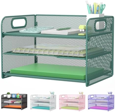 Samstar 3 Tier Green Letter Tray Paper Organizer with Handle, Mesh Desk Organizer Paper Sorter File Rack Shelves, Green