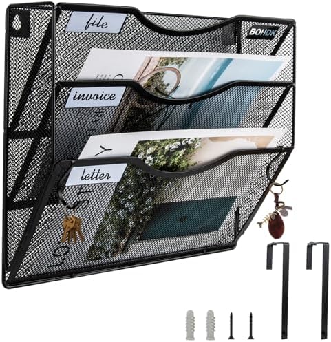 BOHDK Wall File Organizer, 3 Tire Hanging File Folder Mail Organizer, Vertical Mesh Metal Door/Wall Mount Hanging File Holder, Paper Document Magazine Rack with Hooks for Home Office Black