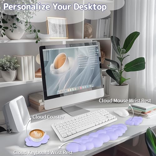Sushret Cloud Wrist Rest Keyboard, Cloud Keyboard Wrist Pad Set with PU Leather Memory Foam, Cute Arm Rest for Palm Support, PC/Gaming Desk Accessories/Office Setup/Computer Hand Cushion - Purple