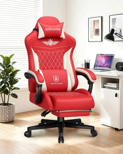 GTPLAYER Gaming Chair with Footrest, Big and Tall Game Chair High Back Computer Office Chair with Lumbar Support for Adults, Ergonomic Swivel Games Chair with Cushion Gaming, Leather Red