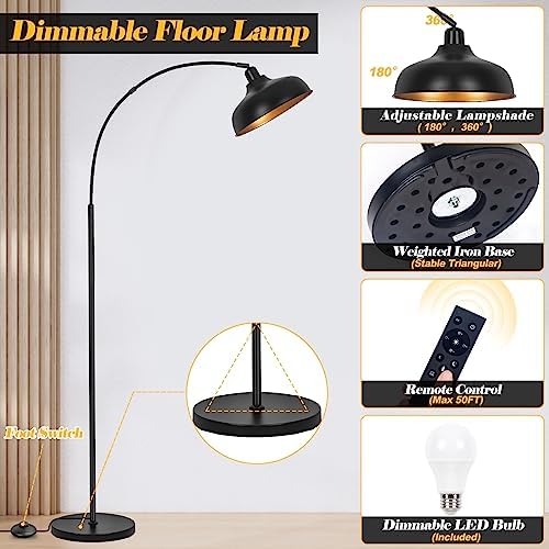 Arch Floor Lamps with Remote, Dimmable Floor Lamp 70” Black Tall Lamp
