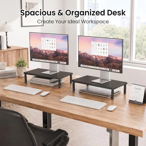OPNICE Adjustable Monitor Stand Riser for Desk, Wood Computer & Laptop Stand, Desk Organizers and Accessories, Office Desk Accessories & Workspace Organizer for Home Office Supplies, Black