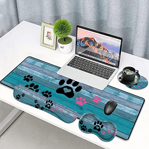 Large Gaming Mouse Pad, Keyboard Wrist Rest pad + Mouse Wrist pad + Coaster Set Extended Waterproof Non-Slip Table mat Suitable for Home Office Learning Games - Black and Pink Dog Paw Prints