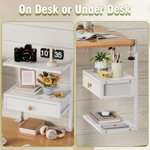 VENNQD Clamp On Desk Shelf, 2-Tier Desktop Organizer, Wood Desktop Supplies Tabletop Book Storage Rack with Adjustable Shelves for Table Working and Gaming Accessories, White