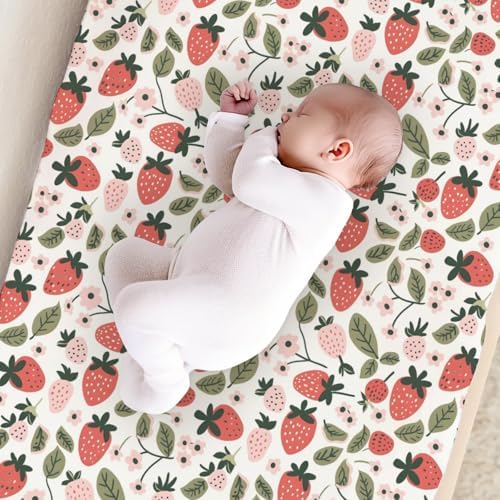 Cartoon Strawberry Flowers Leaves Baby Changing Pad Cover,Unisex Fruits Nursery Diaper Changing Table Pad Mat Sheet for Boys Girls-16x32