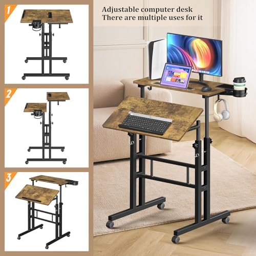 Enayplon Small Standing Desk with Wheels, Mobile Stand Up Desk, Portable Standing Table on Wheels for Walking Pad, Rolling Computer Desk Adjustable Height, Tall Table
