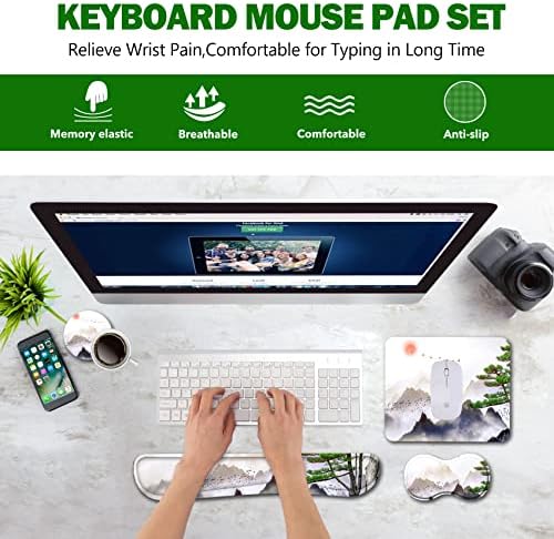 AIMSA Keyboard Wrist Rest Support + Mouse Pad + Mouse Wrist Rest + Coaster, Ergonomic Memory Foam Anti-Slip Rubber Base 4 PCS Set Easy Typing Pain Relief, Pine Tree Mountains