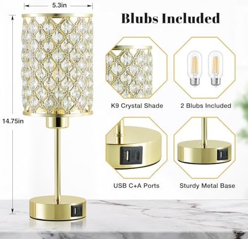 GyroVu Gold Crystal Bedside Table Lamps Set of 2 with USB C+A Ports