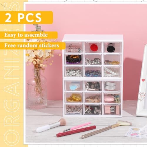 Wenqik 2 Pcs Mini Storage Drawers with 9 Clear Drawers, White