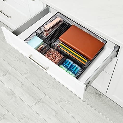 VyGrow Desk Drawer Organizer Tray, Metal Mesh Drawer Organizers Office, 4 Grid with Adjustable Compartment, Desk Organizer Tray for Home Office 12x10.6x1.9 inch Black, 2 Pack