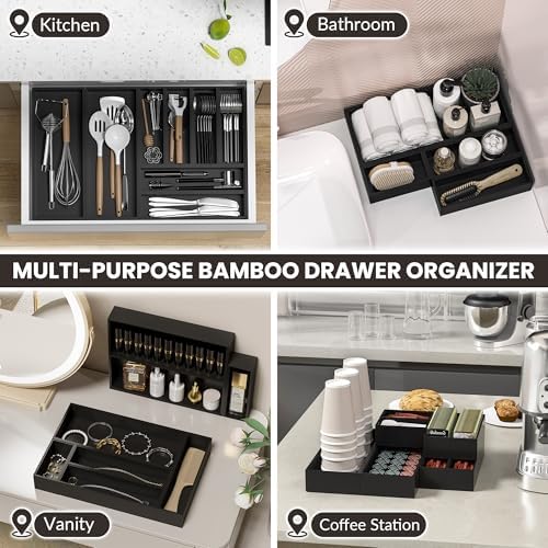 Bamboo Kitchen Drawer Organizer, 2-Pack, 9" x 6" x 2.5", Black