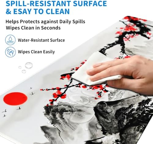 Extended Sakura Zen Desk Mat, XXL Large Gaming Mouse Pad, Japanese Cherry Blossom Stitched Edges Waterproof with Non-Slip Rubber Basefor Computer Keyboard Laptop Work Home Office 35.4"x15.7"