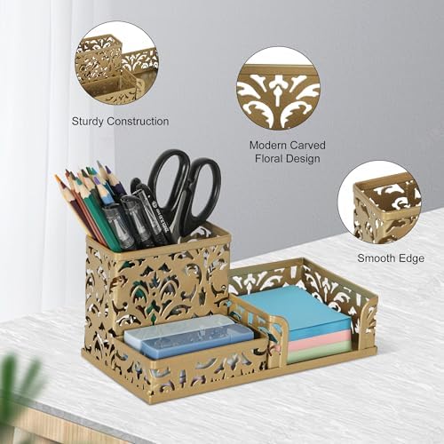 EasyPAG Desk Organizer 3 Compartment Pen Holder for Desk Office Supplies Caddy with Sticky Notes Holder for School Home, Gold
