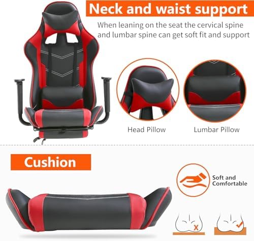 PC Gaming Chair with Footrest, Ergonomic Home Office Chair with Lumbar Support & Headrest Pillow, Red