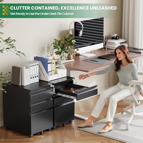3 Drawer Mobile File Cabinet with Lock,Under Desk Rolling File Cabinet for Home Office Fits Legal/Letter/A4 File (Unassembled,Black)
