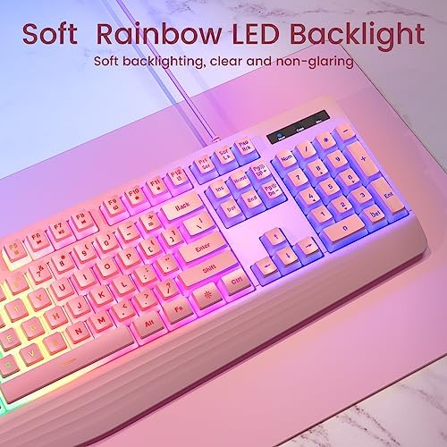 yesbeaut Pink Wired Keyboard, LED Backlit, 104 Keys Silent Light Up Gaming