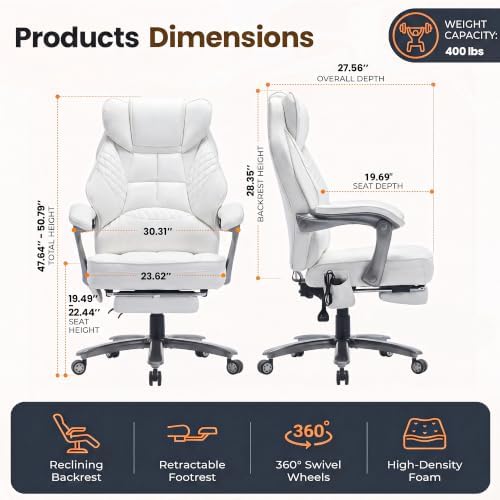 Big and Tall Massage & Heat Office Chair, Ergonomic Gaming Chair, White