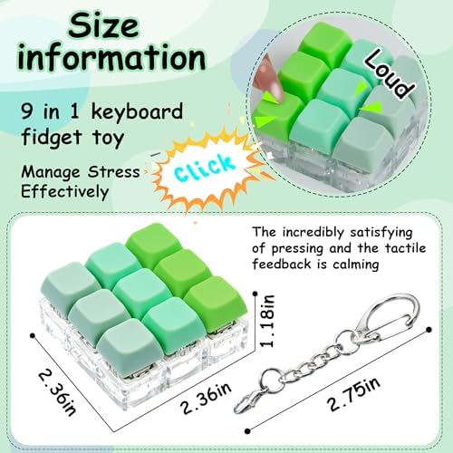 Keyboard Fidget Toy, Keyboard Fidget Keychain 9-in-1 Keyboard Decompression Button Finger Clicker Toys Stress Relief Fidget Gifts (3 Colors- Green)
