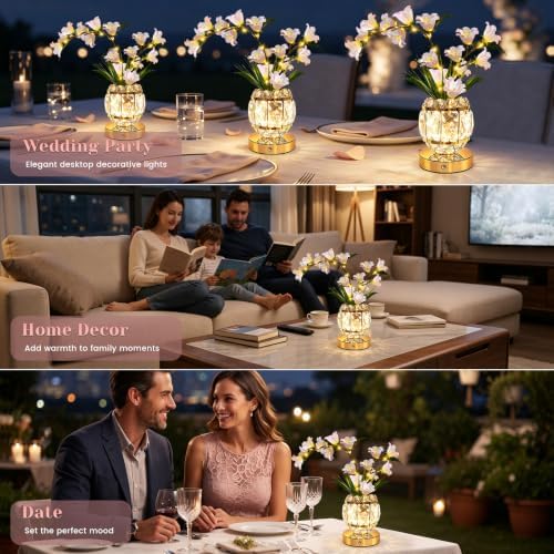 Lily Flower Lamps, Rechargeable Cordless Small Desk Lamp, 3 Colors Dimmable Artificial Flowers Night Light, Fake Bouquet 3 Lilies with Crystal Vase for Home Date Party Decoration (Pink - May Bells)