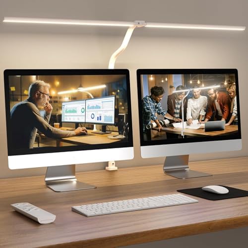 LED Desk Lamp - Bright Dimmable Computer Lamp, 24W Bendable Desk Light for Monitor Screen, Eye-Caring Tall Desktop Light for Task Home Office Work, White, Dual Head