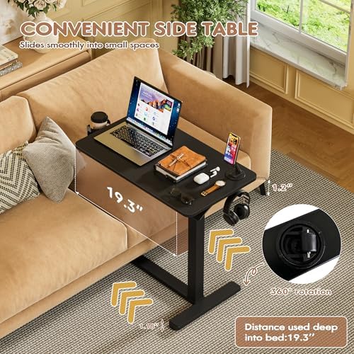 Furmax Mobile Standing Desk with Wheels, Pneumatic Adjustable Rolling Computer Desk Laptop Table for Bed, Couch (Black, Small)