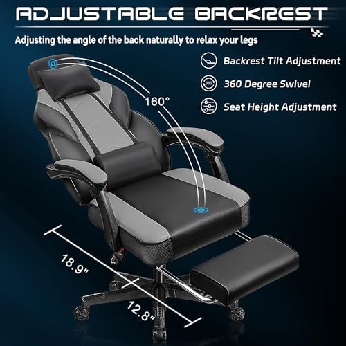 Gaming Chair for Adults, Grey Video Game Chair with Footrest, Big and Tall Gaming Chair Heavy Duty Computer Chair with Massage Lumbar, Ergonomic Adjustable Height and 360° Swivel, PU Leather, Grey