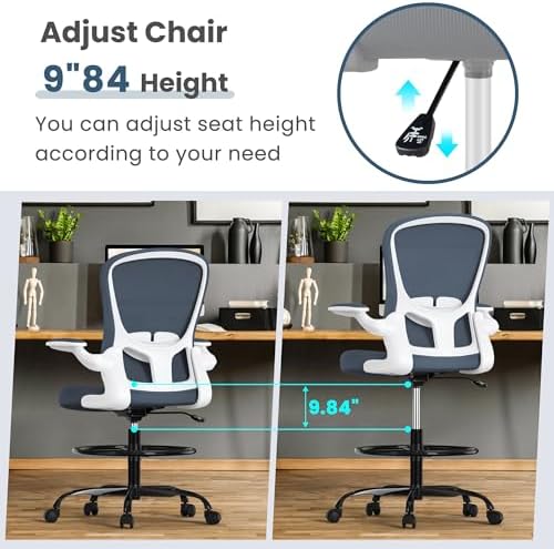 Drafting Chair, Tall Office Chair with Flip-up Armrests Executive Ergonomic Computer Standing Desk Chair, Office Drafting Chair with Lumbar Support and Adjustable Footrest Ring