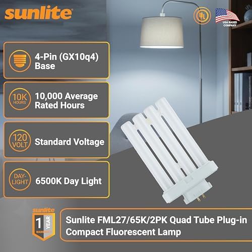 Sunlite FML27/65K Quad Tube Plug-in Compact Fluorescent Lamp, FML 4-Pin, 27 Watts, 1500 Lumens, 6500K Daylight, 4-Pin (GX10q4) Base, 120 Volts, 1 Pack