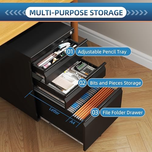 3 Drawer File Cabinet Under Desk with Wheels,Metal Small Filing Cabinets for Home Office Organizer,Rolling Filing Cabinets Under Desk Storage for Letter/Legal/A4,Assembly Required,Black