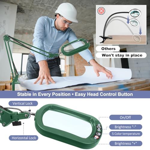 14.35" Large Magnifying Glass with Light and Clamp, Real Glass, 5 Color Modes, Stepless Dimmable, Lighted Magnifier with Stand Hands Free, LED Swing Arm Desk Lamp for Close Work, Craft, Green