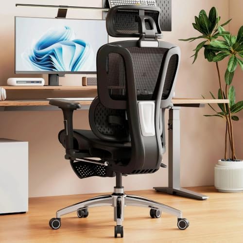 Vonesse Ergonomic Office Chair with Footrest, Desk Chairs with Dynamic Lumbar Support & Adjustable Depth Breathable Mesh Seat, Computer Gaming Chair with Adjustable 3D Headrest and Armrests (Black)