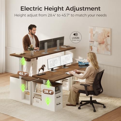 OffiGo 63 Inch Farmhouse Standing Desk with Storage Drawers, Walnut White