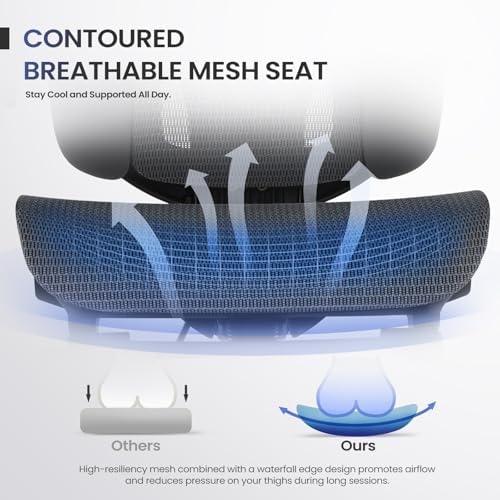 MALOL Ergonomic Mesh Office Chair with Footrest, Executive High Back Computer Desk Chair with 3D Adjustable Headrest & 5-Level Lumbar Support, Reclining Tilt Lock, 3D Arms, 300LBS Capacity, Grey