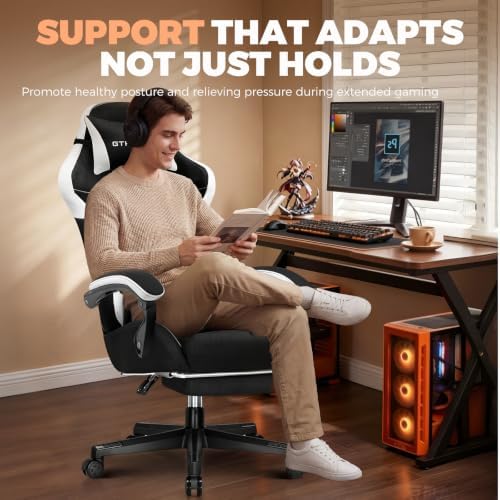 GTPLAYER Gaming Chair with Footrest, Ergonomic Office Chair 400lbs Heavy Duty, Big and Tall Computer Desk Chair with Lumbar Support and Headrest, Breathable Tech Fabric, 90-155° Recline Black