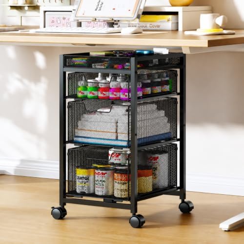 Rolling Utility Cart with 3 Drawers, Craft Organizer and Storage with DIY Divider, Lockable Wheels, Multi-Functional Storage for Art Supplies, Store for Brushes & Paints & Small Parts(Patent Pending)