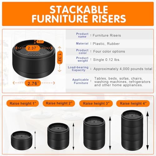 Furniture Risers Bed Risers Heavy Duty 1 inch, 2 inch, 3 inch, 4 inch Round Adjustable Bed Lifts Riser for Desk Legs Table Couch Sofa Chair Refrigerator Washing Machine (1+1 Inch, Black, 8 Pack)