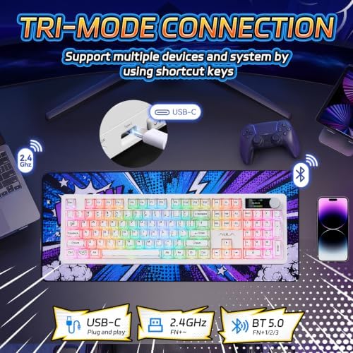 AULA Wireless Mechanical Keyboard with Screen & Knob,Creamy Gaming Keyboard