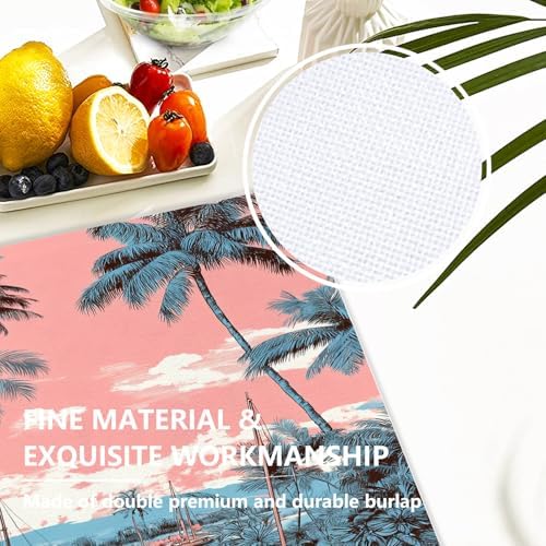 Beach Vacation Seaside Relaxation Linen Placemats, Palm Lined Shore Nautical Charm Table Mats for Table Washable Heat Insulation Thick Dining Mat, Indoor/Outdoor 12X18 in 4 Pcs