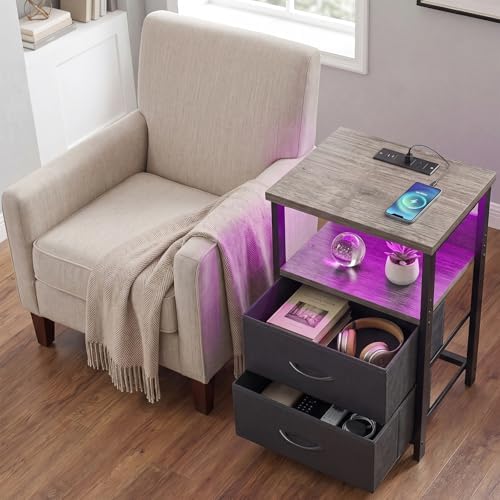 Fixwal Night Stand with Charging Station, Led Nightstand, 2 Fabric Drawers