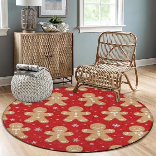 Home Decor Non Slip Kitchen Office Circle Rug, Machine Washable Modern Round Area Rug, Room Sofa Yoga Soft Round Carpet Christmas Red Polka Dots Snowflakes Gingerbread Cookies