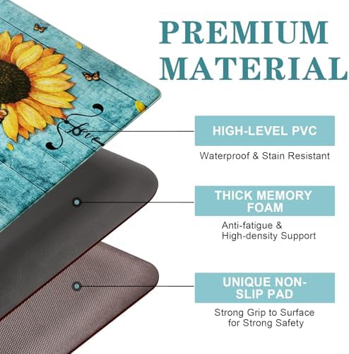 Likiyol Sunflower Kitchen Rugs Sets of 3 Kitchen Mats for Floor Anti Fatigue Mats for Kitchen Floor, Spring Floral Flower Non Slip Washable Standing Floor Mats, 18''x30''+18''x48''+18''x60''(Blue)