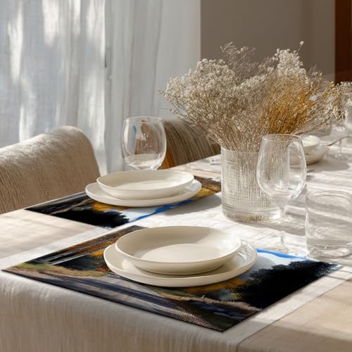 Shrahala Fall Yellow Trees Landscape Set of 8 12 X 18 Inch Linen Placemats, Autumn in Castle Creek Road Burlap Table Mat Washable Double Layered Heat Insulation for Indoor/Outdoor
