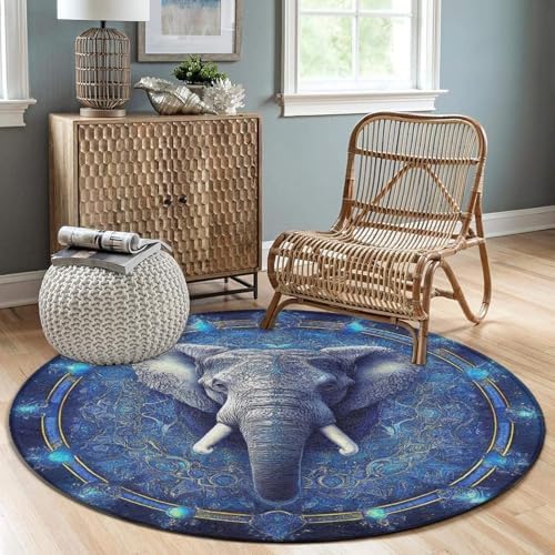 Machine Washable Modern Round Area Rug, Room Sofa Yoga Soft Round Carpet, Home Decor Non Slip Kitchen Office Circle Rug Mandala Elephant Art, 60inch