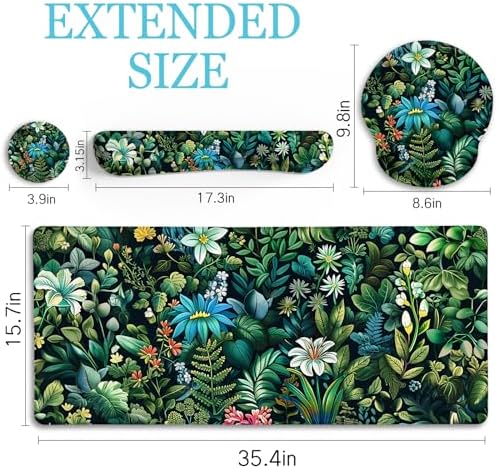 LIMKRIAN Floral Large Desk Mat Set, Green Mouse Pad with Wrist Rest