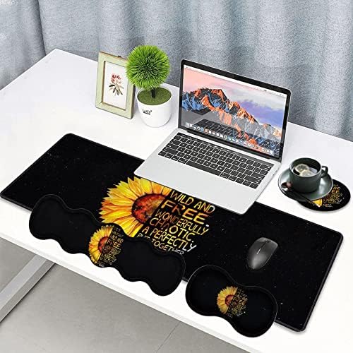 Large Gaming Mouse Pad, Keyboard Wrist Rest pad + Mouse Wrist pad + Coaster Set Extended Waterproof Non-Slip Table mat Suitable for Home Office Learning Games - Watercolor Sunflower