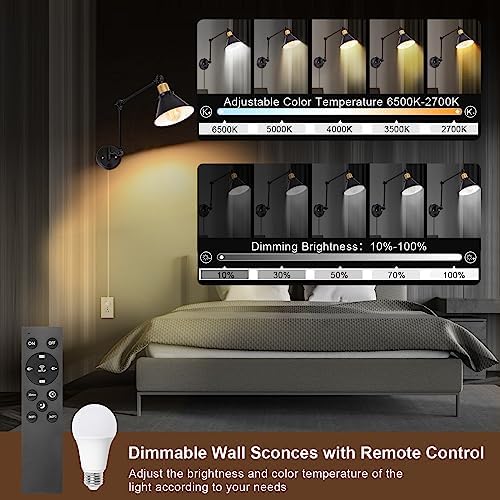 TRLIFE Dimmable Wall Sconce, Remote Control Plug in Wall Sconces Dimming 10%-100% and Adjustable Color Temperature 2700K-6000K, Swing Arm Wall Lights with Plug in Cord, UL Listed(2 Pack, 2 Bulbs)
