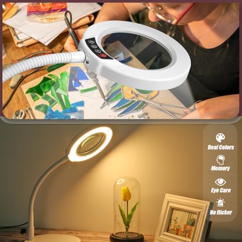 10X Magnifying Glass with Light and Stand, 5 Color Modes Stepless Dimmable LED Lighted Desk Lamp, Hands Free Flexible Gooseneck Magnifier with Light for Craft Hobby Painting Close Work - White